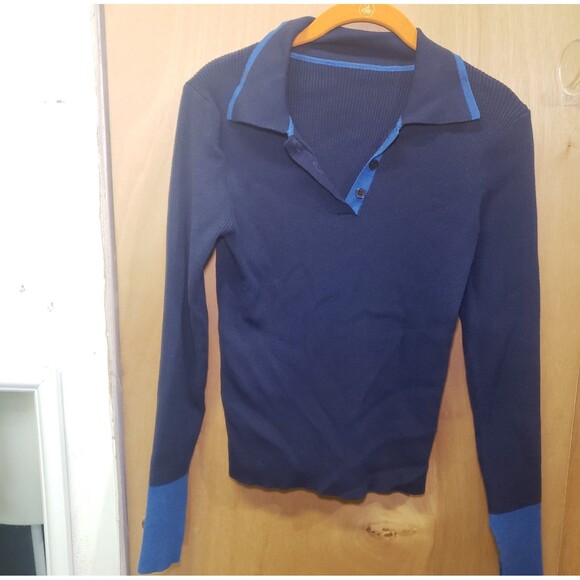 Knit Mix Blue Polo long sleeve Sweater 
Sz Lg 
Contrast Blue cuff design is open - Picture 1 of 7